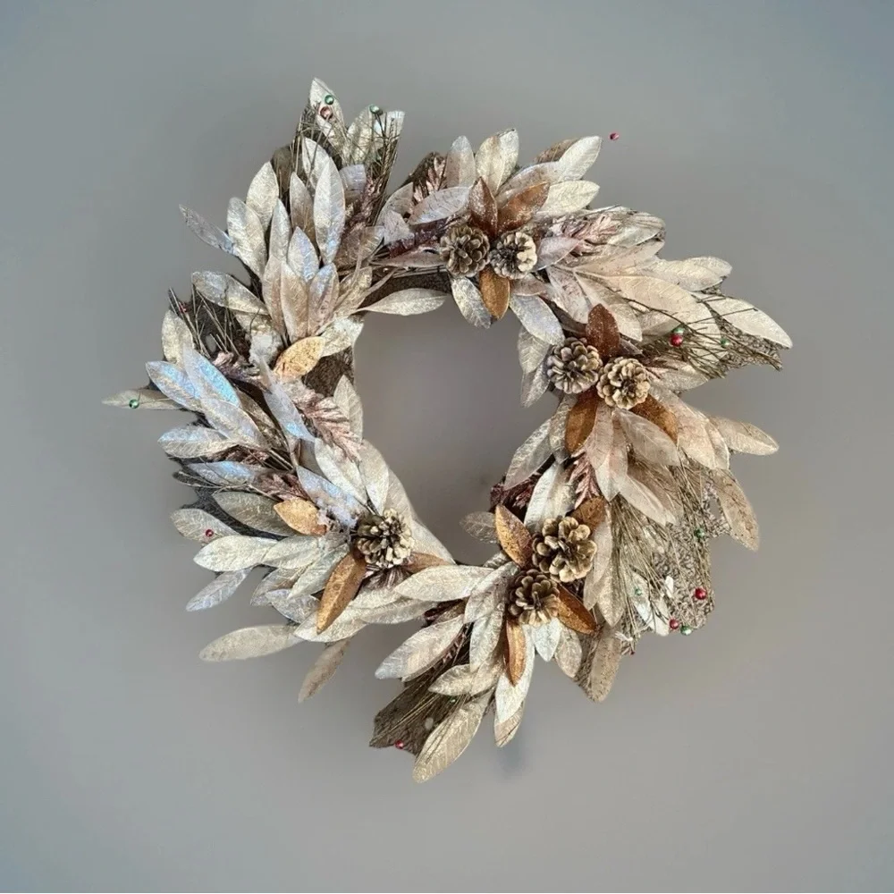 Handmade Festive Faux Wreath Door wall Decor Rattan Bells Gold Silver Pine